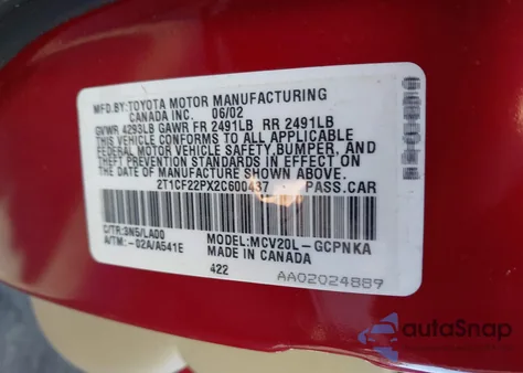 2002 Toyota Camry Solara Sle V6 z USA, uszkodzony, nr VIN 2T1CF22PX2C600437